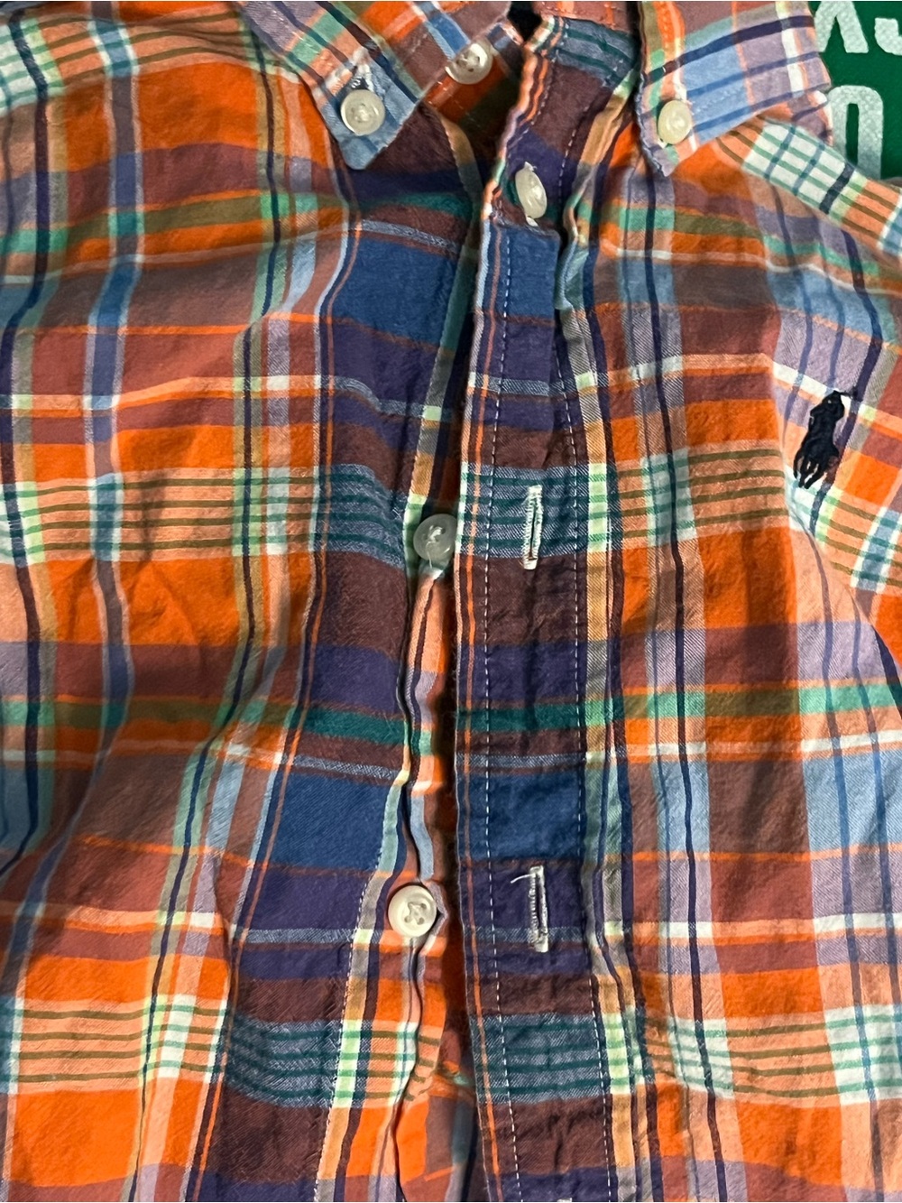 Ralph Lauren Orange, Blue & Green Plaid Button-Down Short Sleeve Cotton Shirt